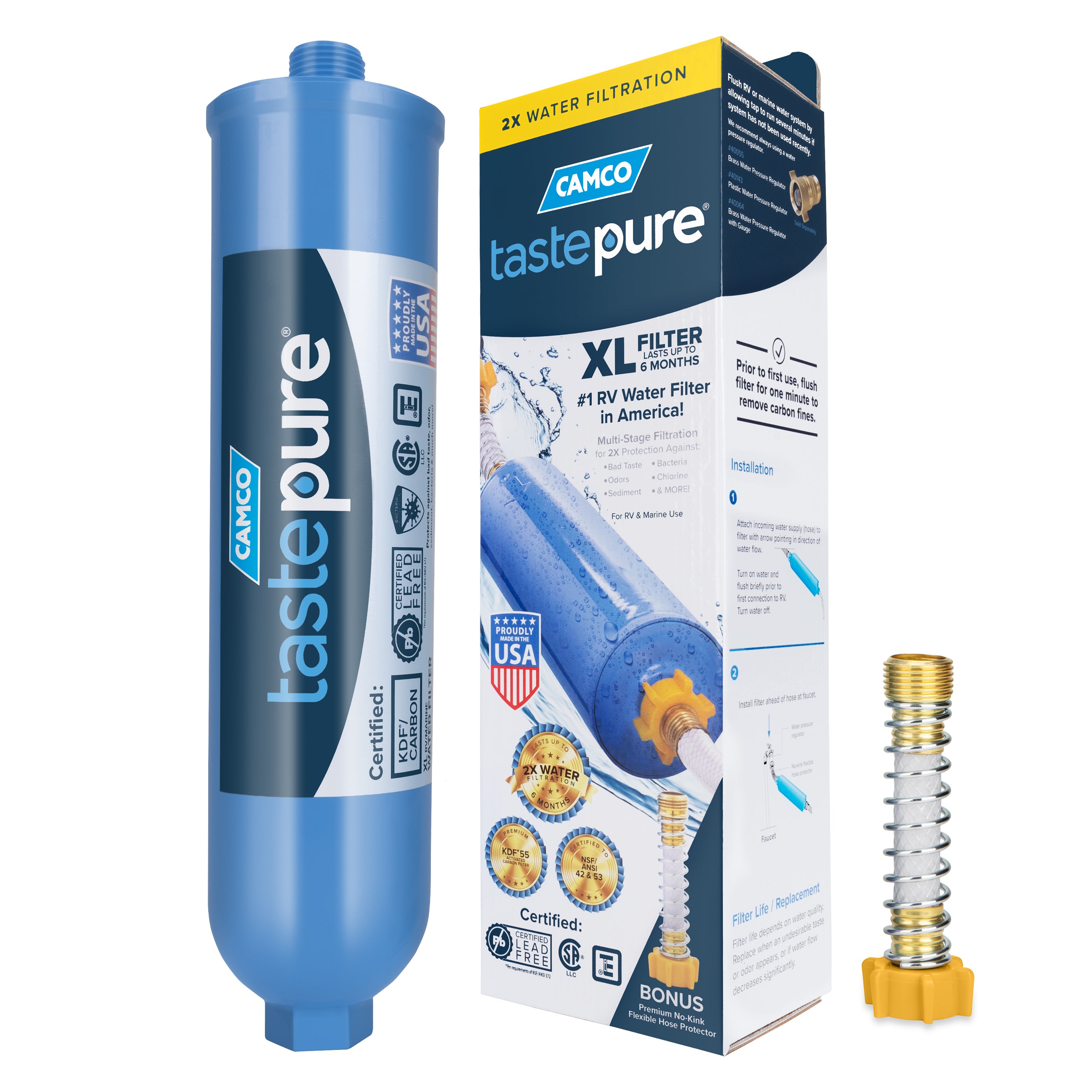 TastePURE XL RV/Marine Inline Water Filter with Flexible Hose Protector — NSF Certified — Reduces Bad Taste, Odor, Sediment, etc. — Ideal for Campers, Boats, Gardens, Pets — Made in USA