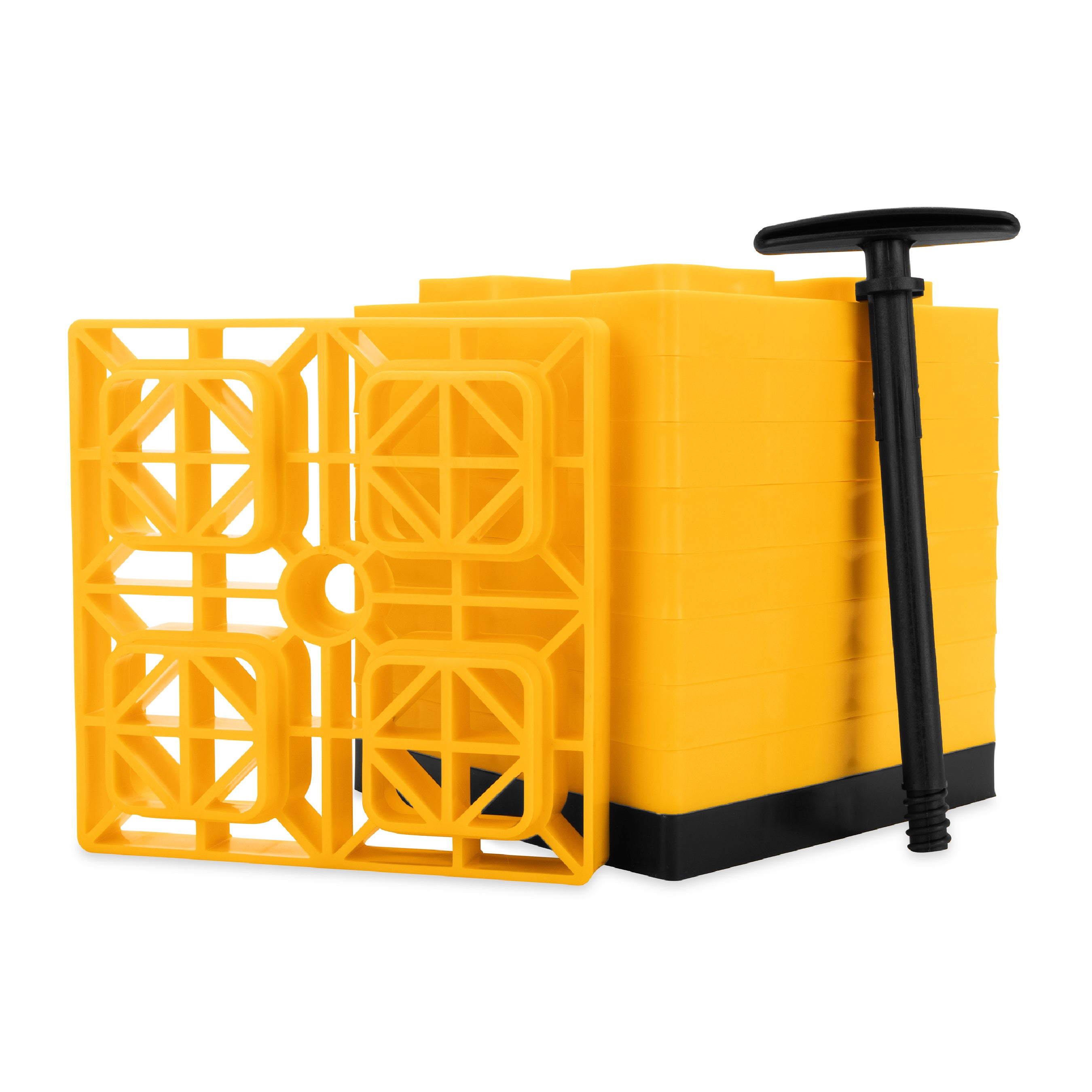 FasTen Camper / RV Leveling Blocks – Features Interlocking Design for Customizable Height - Carrying Handle Twists to Secure Blocks for RV Storage - 8.5” x 8.5” x 1”, Yellow, 10-Pack (44512)